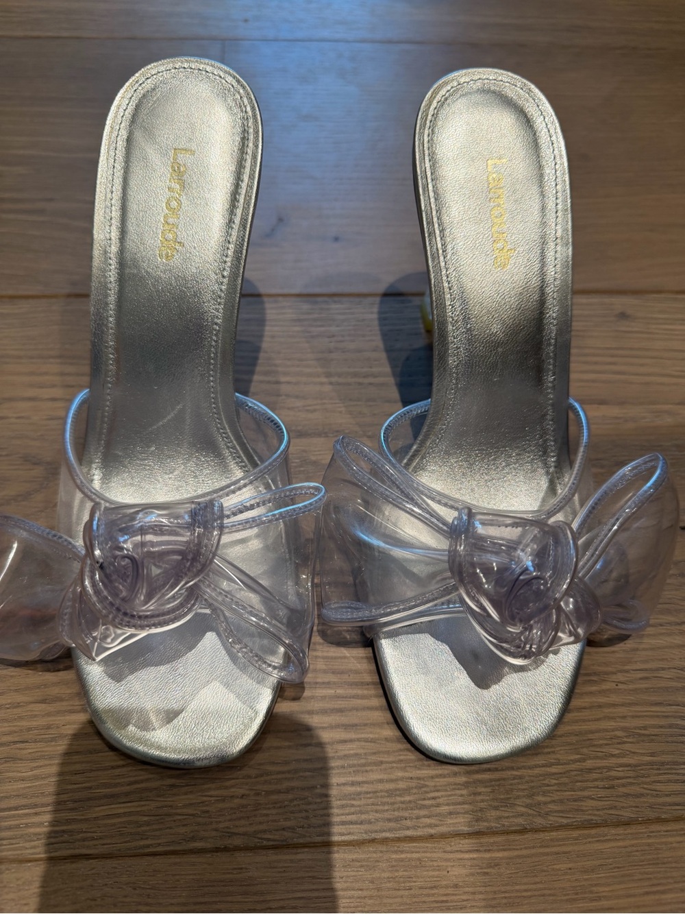 Larroude Silver Clear Bow Slide Mules